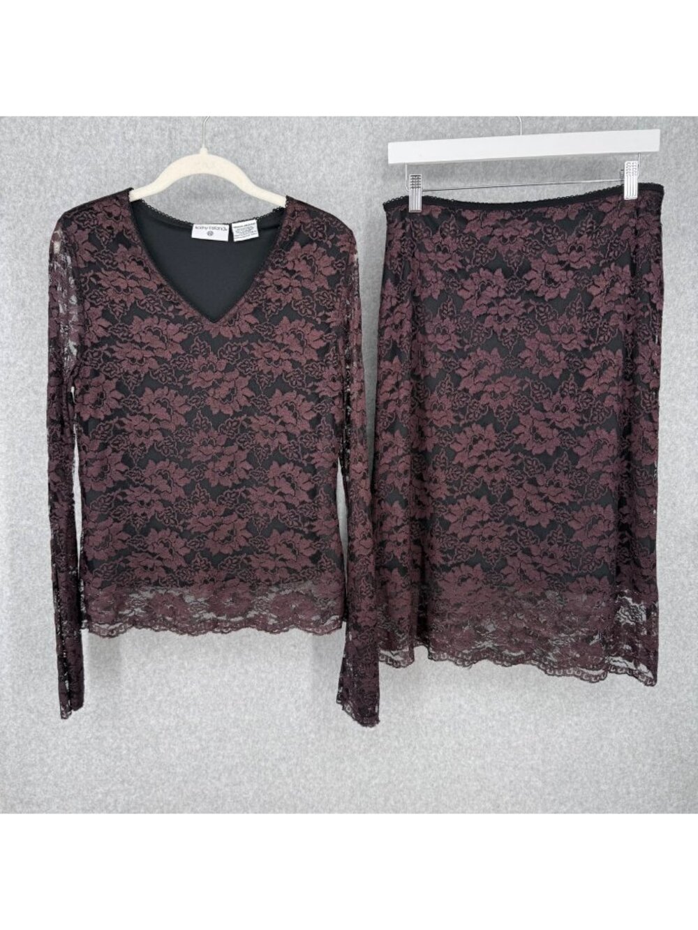 Kathy Ireland VTG Midi Skirt and Top Set Size M Purple Black Lace Dark Fairy EUC